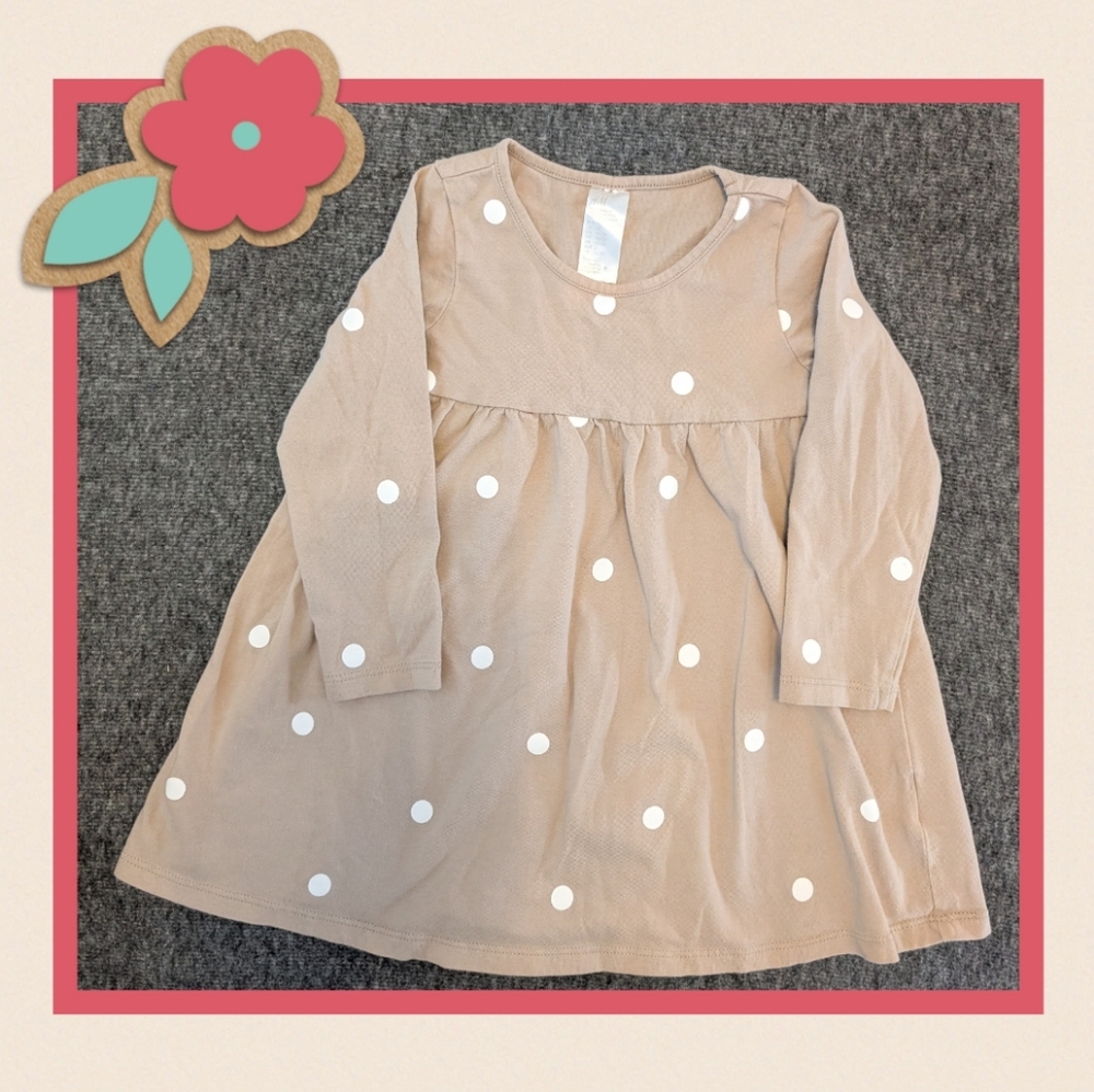 Neutral Tan And White Polkadot Long Sleeve Dress, Size 2T H&M